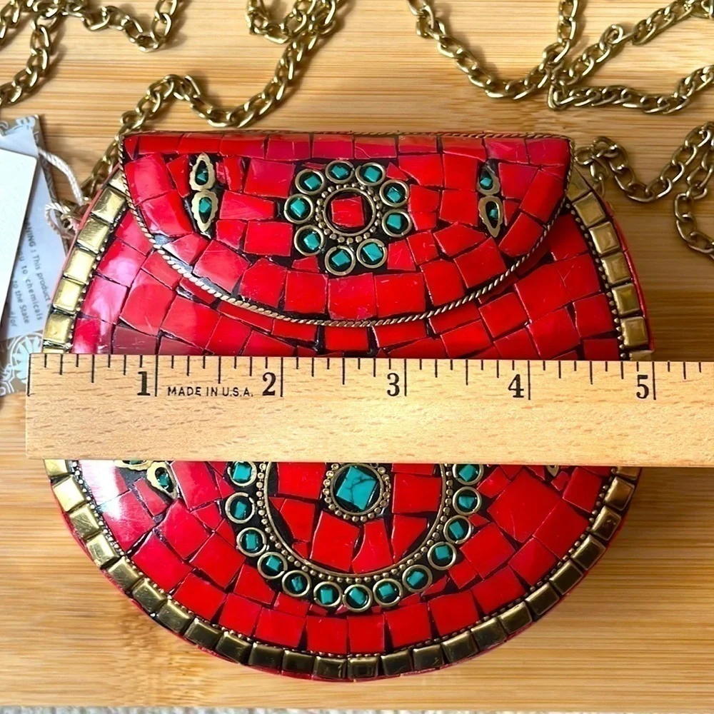 Brand New Antik Kraft Handcrafted India Small Metal Clutch Red Berry Chain Purse
